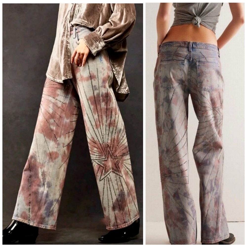 NWOT Free People Aurora Mid Rise Flare Embellished Star Patriotic Jeans Size 29